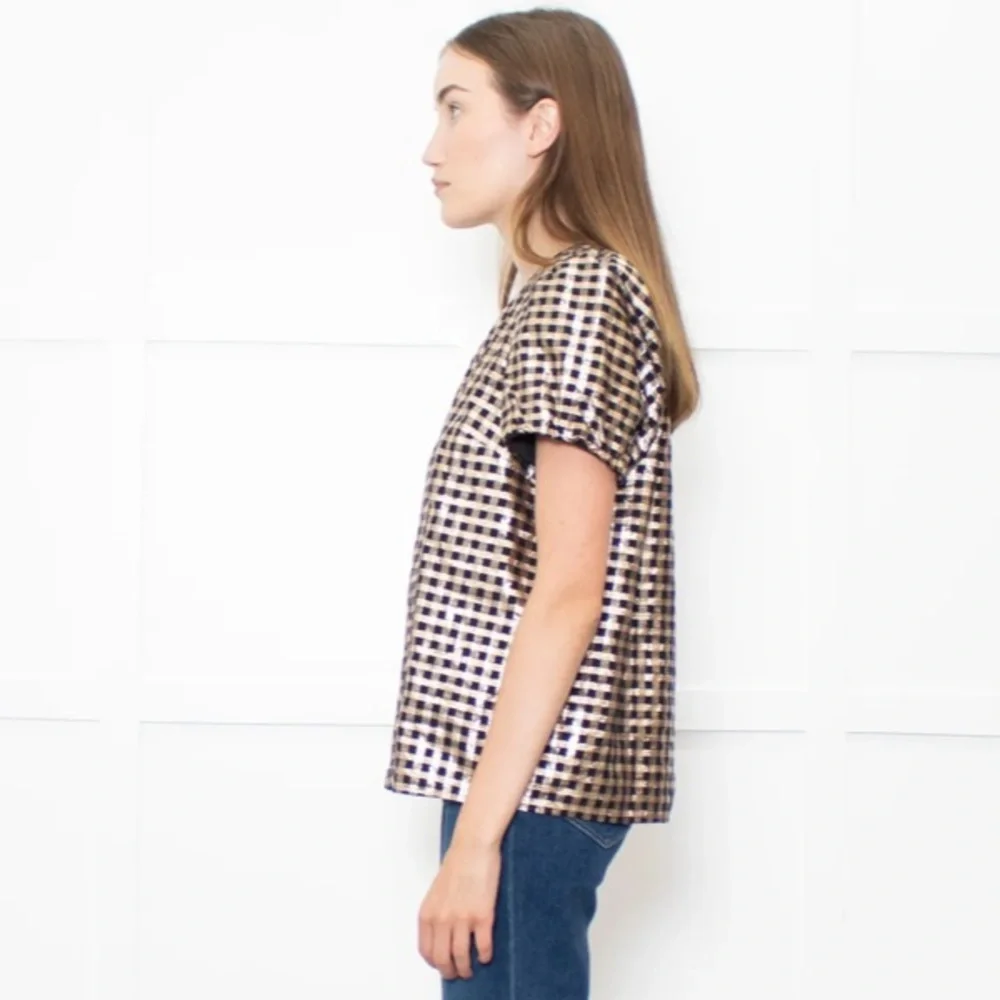 J. Crew Lurex Metallic Gold & Black Plaid Puff Sleeve Top, Size Medium, NWT - Picture 14 of 16